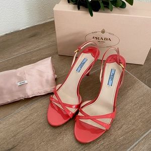 PRADA Camoscio Rose Patent Sling Back Sandal Heels